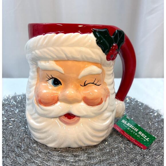 Sleigh Bell Bistro Retro Style Winking Santa Face Ceramic Kitchen Utensil Holder - Picture 1 of 8